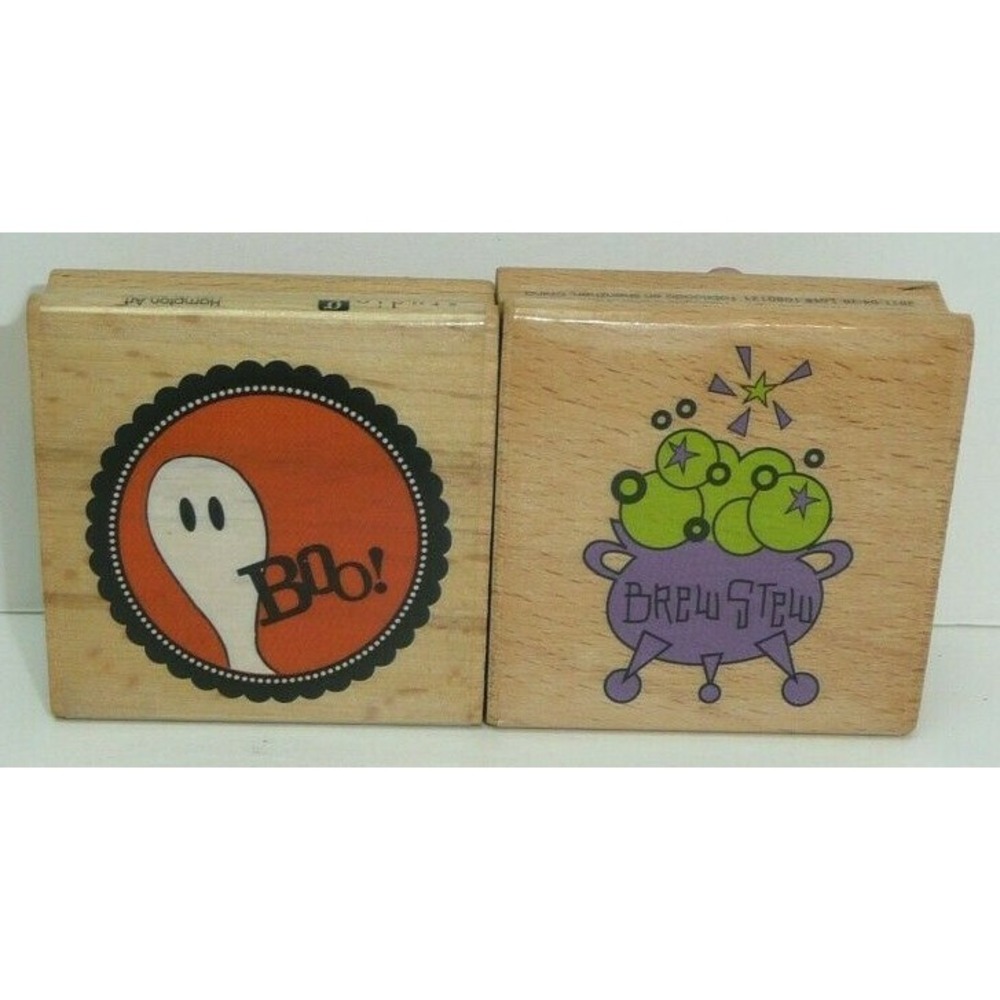 Halloween Wooden Stamps Set of 2 Ghost Boo Cauldron Brew Stew Wood Rubber Studio
